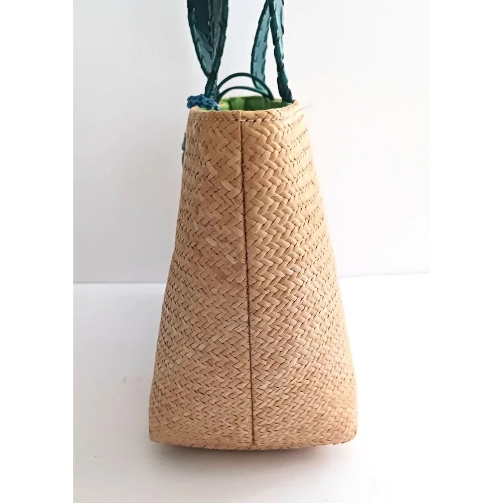 The Sak Rattan Shoulder Tote Turquoise Leather Straps Multi Stone Toggle Button